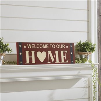 Welcome To Our Home w/ White Stars On Blue Stripes MDF Wall Sign 6x18