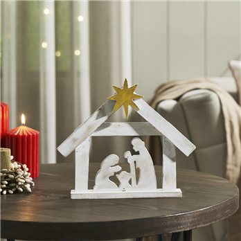 A Savior is Born Distressed White Wooden Nativity Scene 8.5x10x1.5