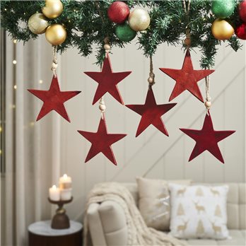 Antique Red Metal Star Ornament Set of 6 - 6 inch