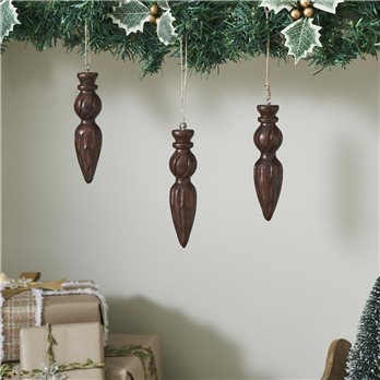 Festive Finial Dark Wooden Ornament Set of 3 - 5.5 inch