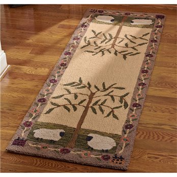 Willow and Sheep Hooked Rug Runner 24x72