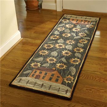 House and Sunflower Hooked Rug Runner