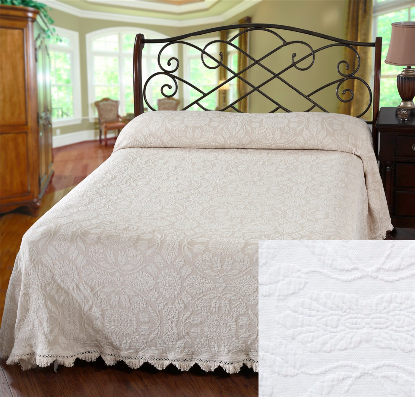 Colonial Rose Full White Bedspread