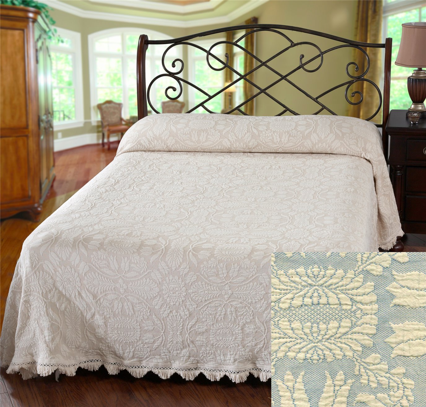 Colonial Rose Full French Blue Bedspread