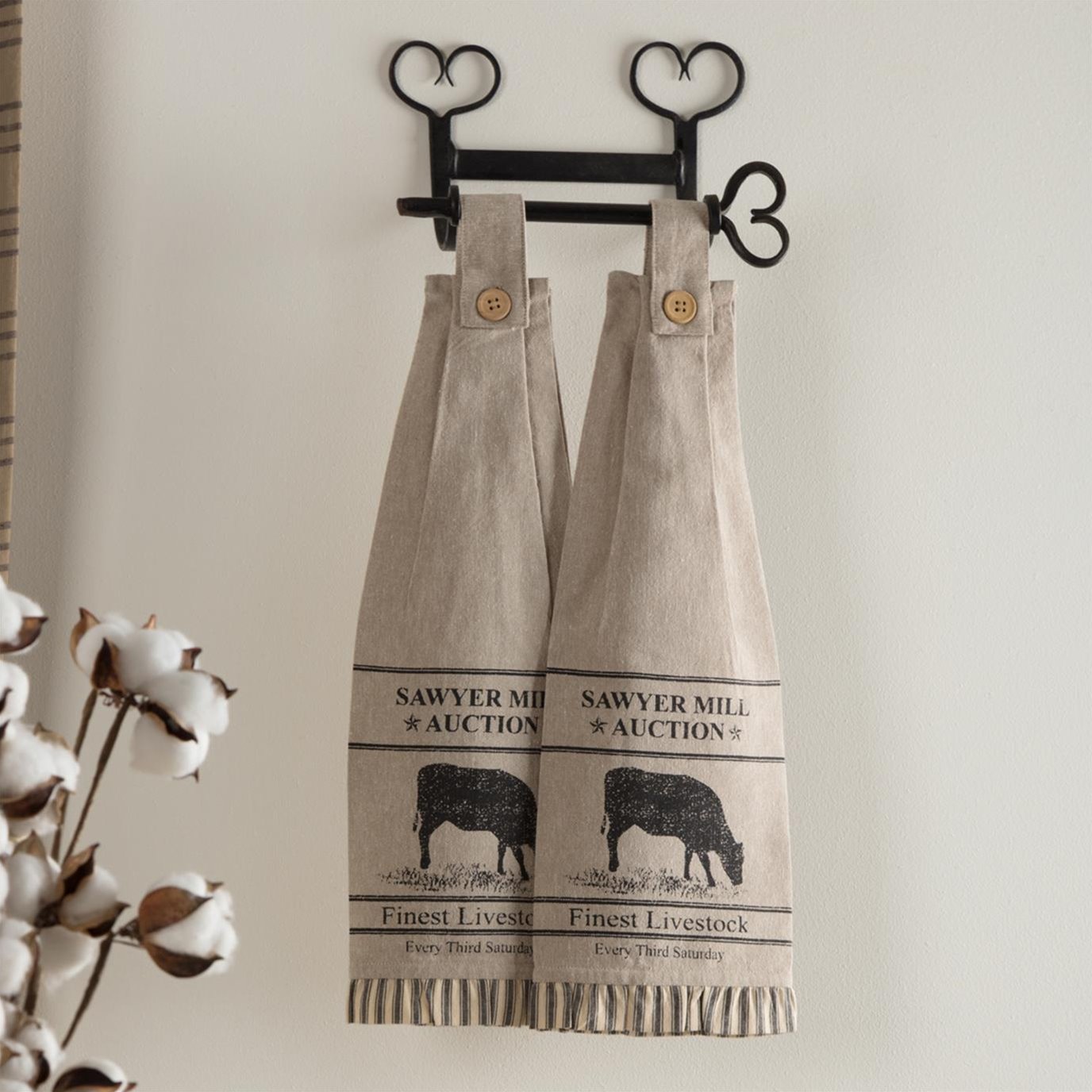 Sawyer Mill Charcoal Cow Button Loop Tea Towel Set of 2