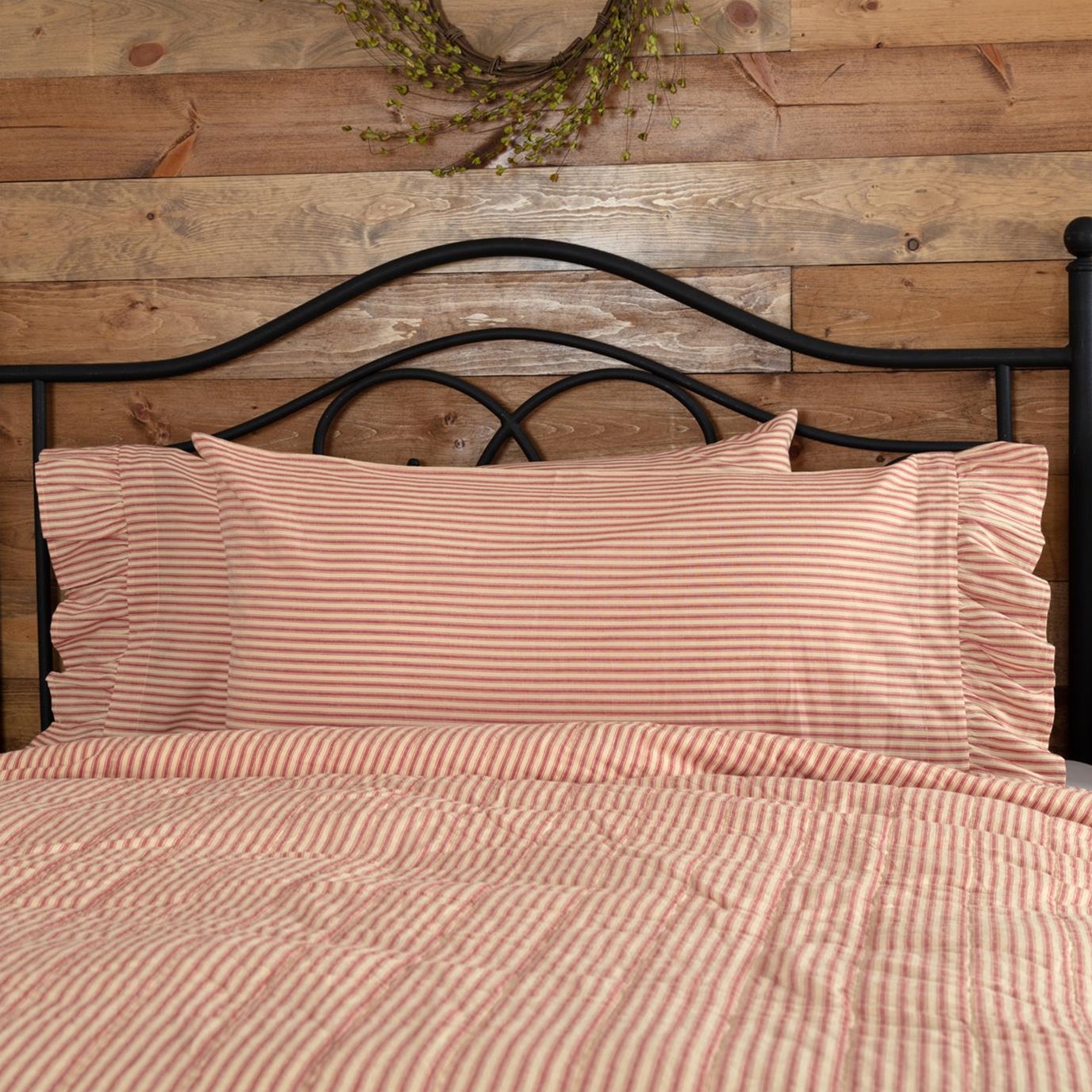 Sawyer Mill Red Ticking Stripe Ruffled King Pillow Case Set of 2 21x40