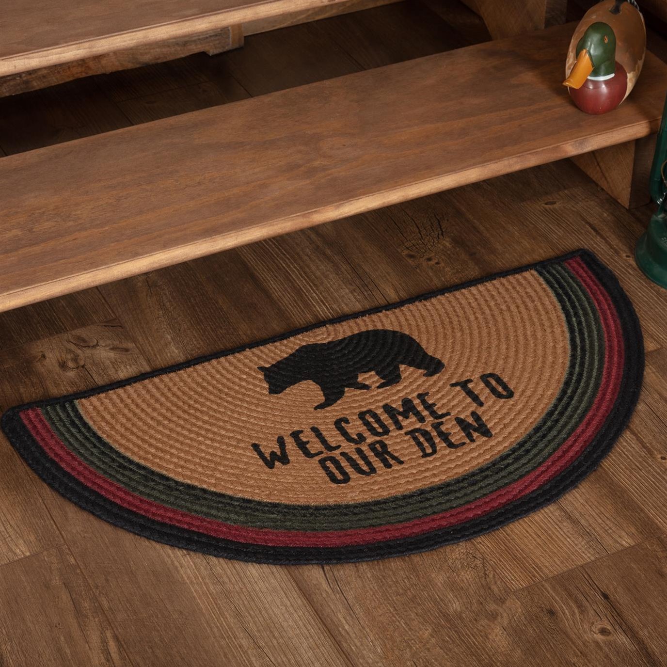 Wyatt Stenciled Bear Jute Rug Half Circle Welcome to Our Den 16.5x33
