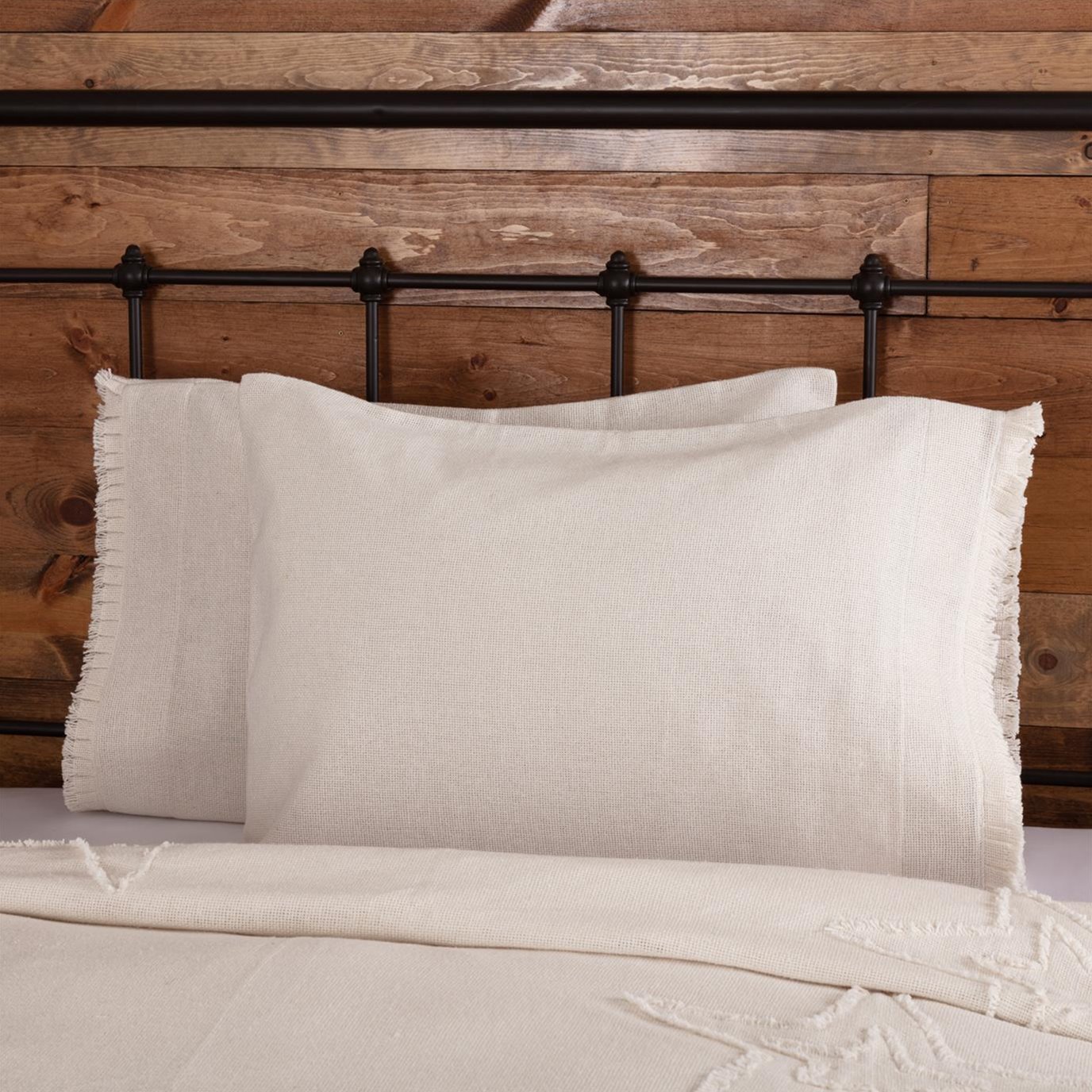 Burlap Antique White Standard Pillow Case w/ Fringed Ruffle Set of 2 21x30