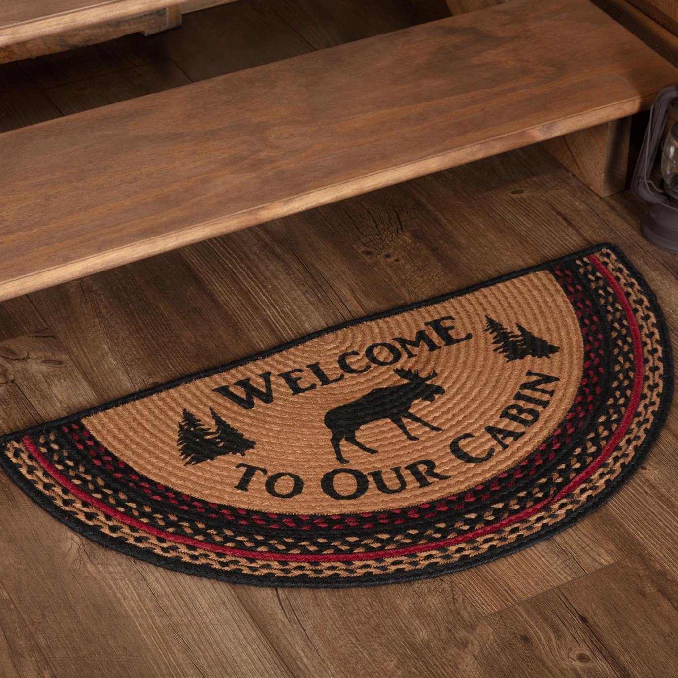 Cumberland Stenciled Moose Jute Rug Half Circle Welcome to the Cabin 16.5x33