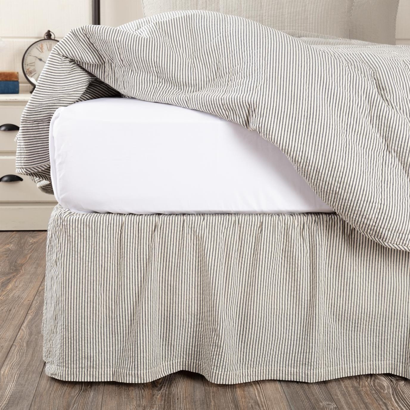 Hatteras Seerer Blue Ticking Stripe Twin Bed Skirt 39x76x16 By April Olive Vhc Brands Hatteras Seerer Blue Ticking Stripe, Dark Grey Twin Bed Skirt
