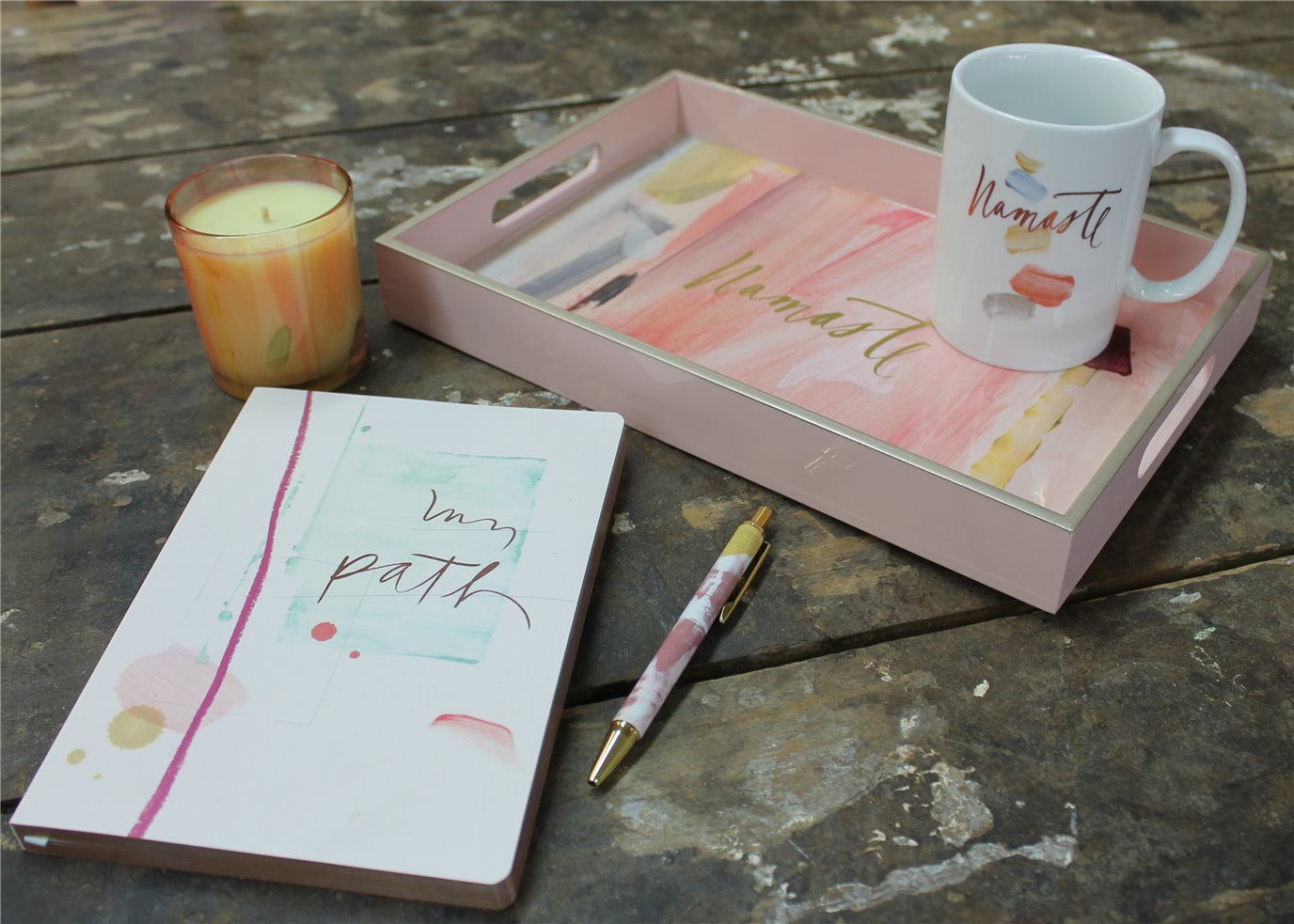 Mug, Candle, Tray, Pen and Journal Namaste Gift Set