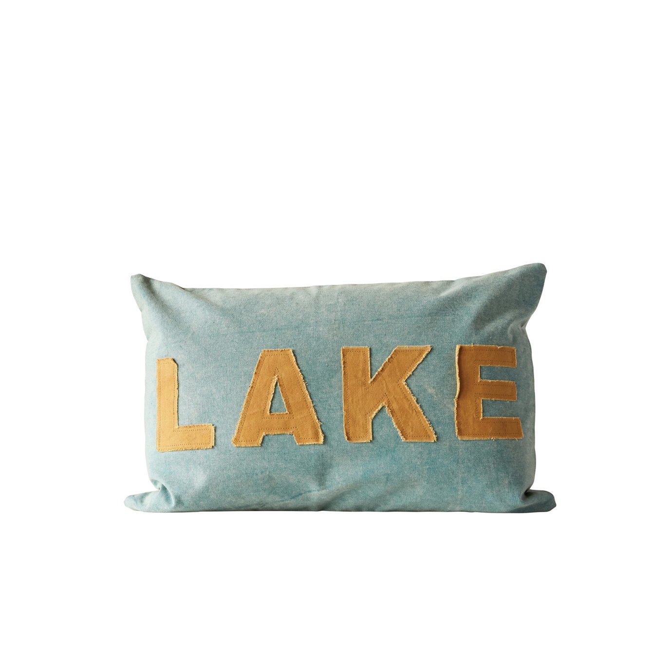 Green Cotton Canvas Pillow with Brown "LAKE" Lettering