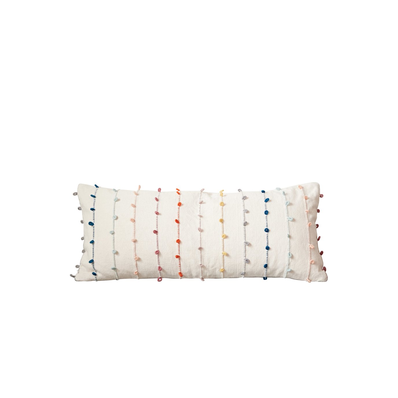 White Cotton Pillow with Multicolor Embroidered Loop Stripes