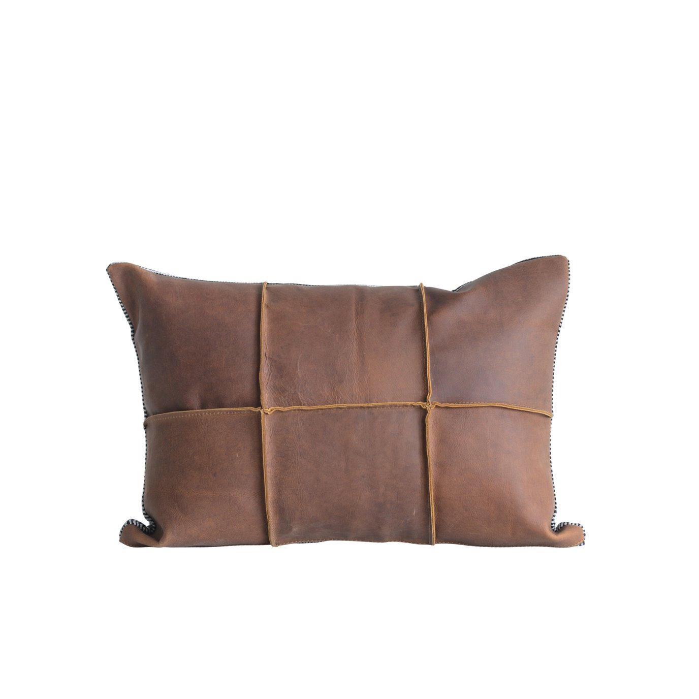 Brown Leather Pillow with Black & White Striped Felt Back