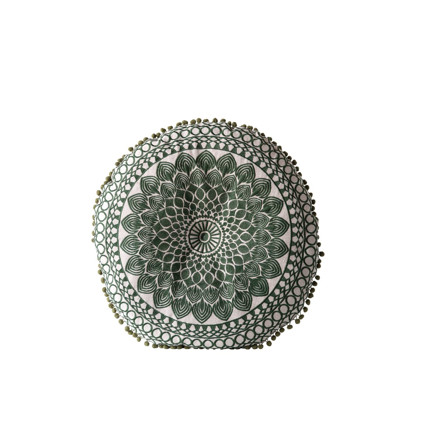 Green Round Cotton Chambray Pillow with Pom Poms