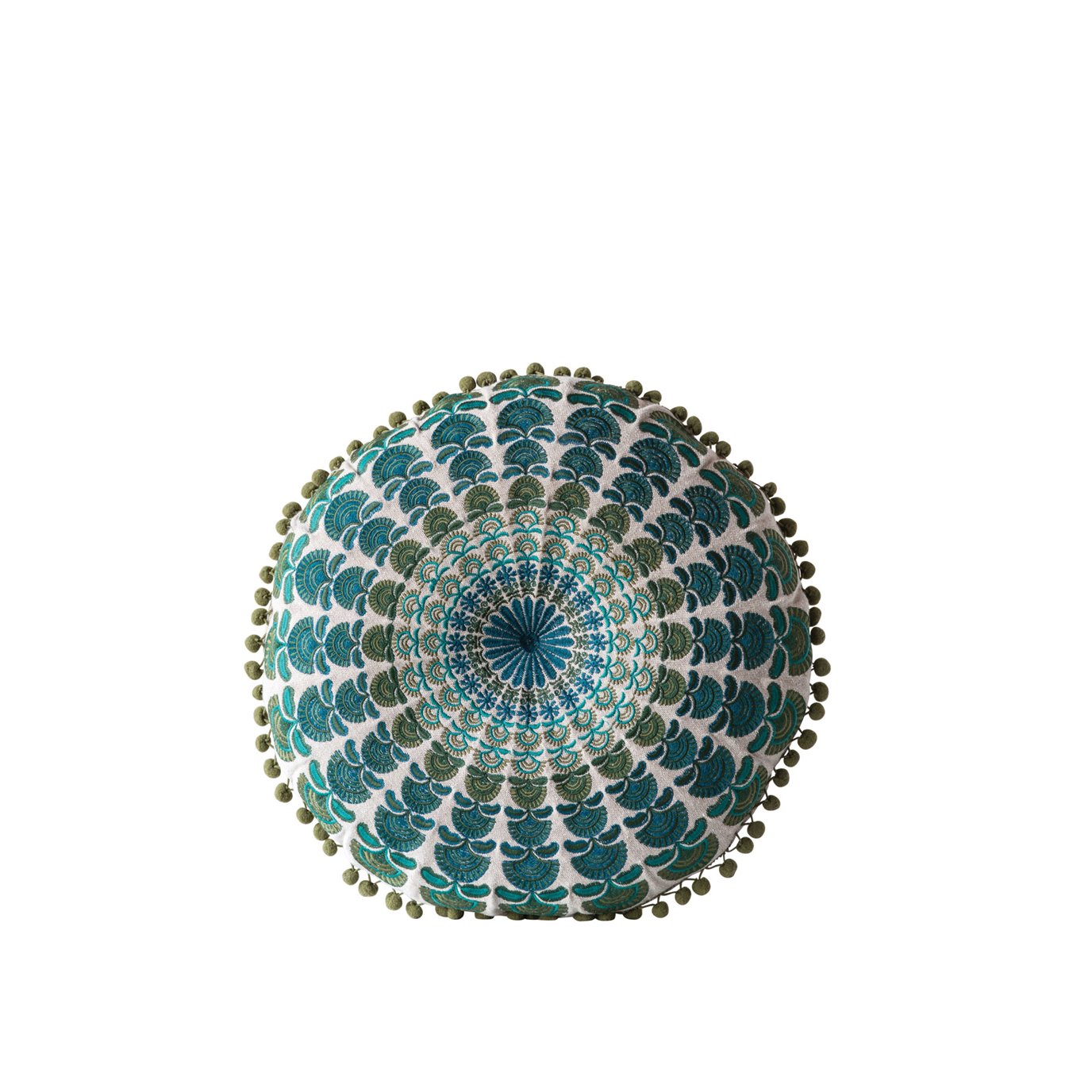 Blue & Green Round Cotton Chambray Pillow with Pom Poms