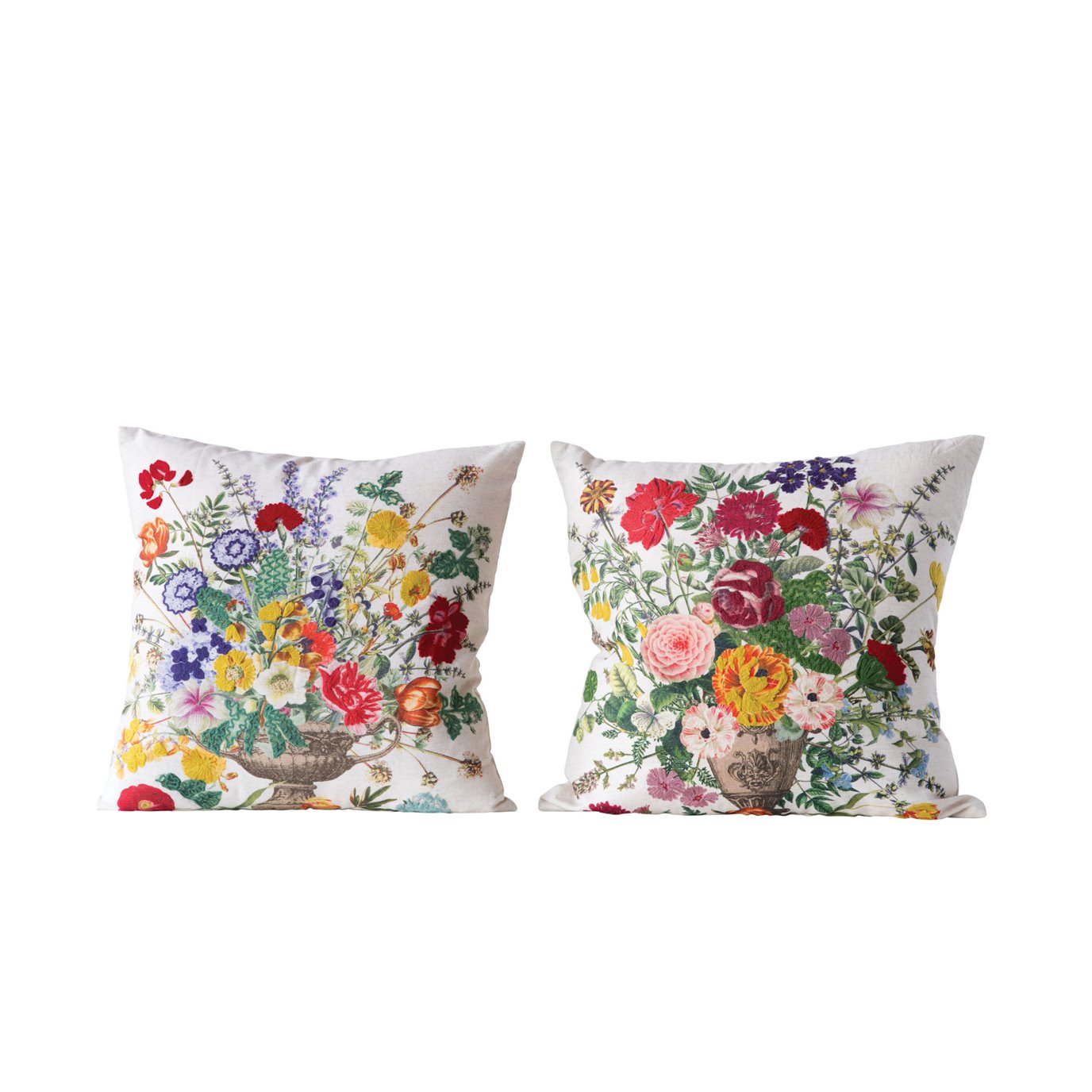 Square Cotton Blend Pillow with Embroidered Flowers (2 styles)