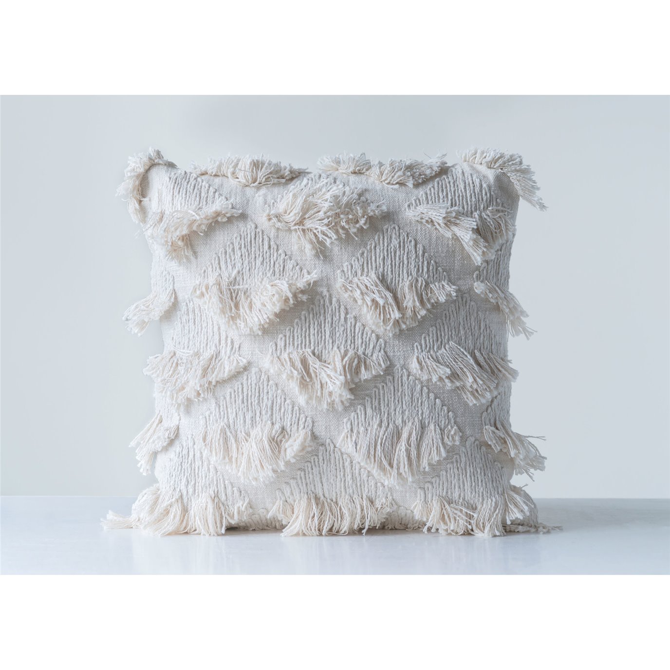 Embroidered White Square Cotton Pillow with Eyelash Fringe