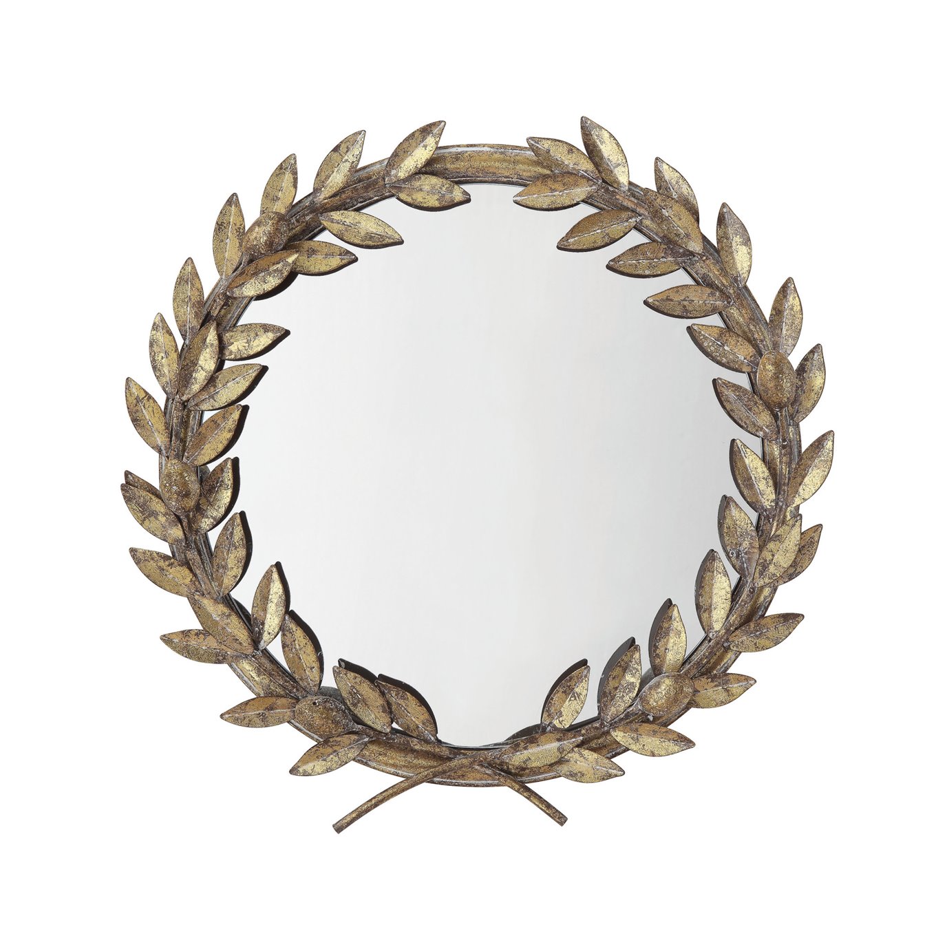 Round Antique Gold Metal Laurel Wreath Wall Mirror