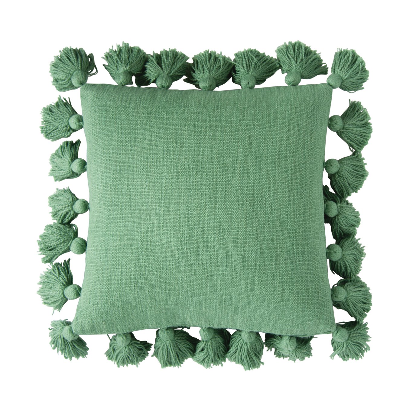 Square Green Cotton Pillow with Tassels