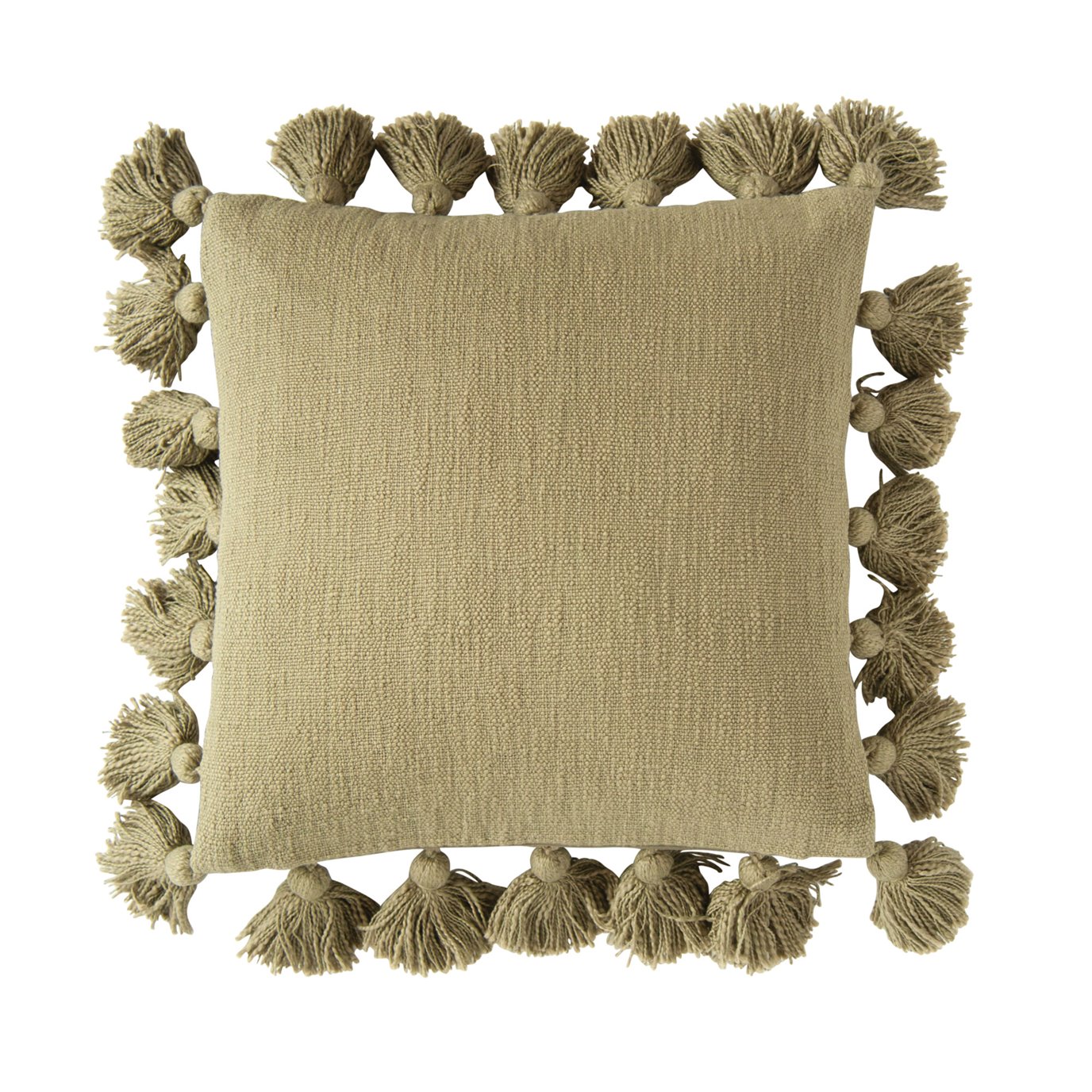 Square Olive Green Cotton Pillow with Tassel