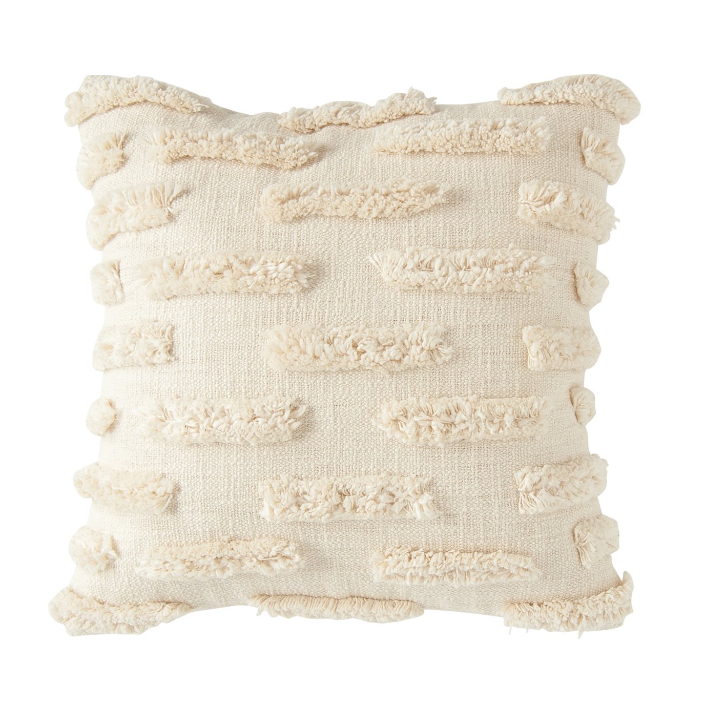 White Cotton Embroidered Pillow with Lines of Decorative Fringe