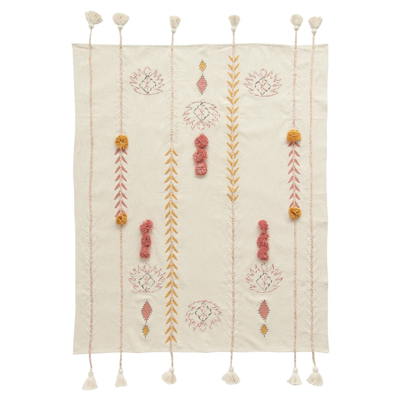 Embroidered Cream Cotton Throw with Decorative Applique, Pom Poms & Tassels
