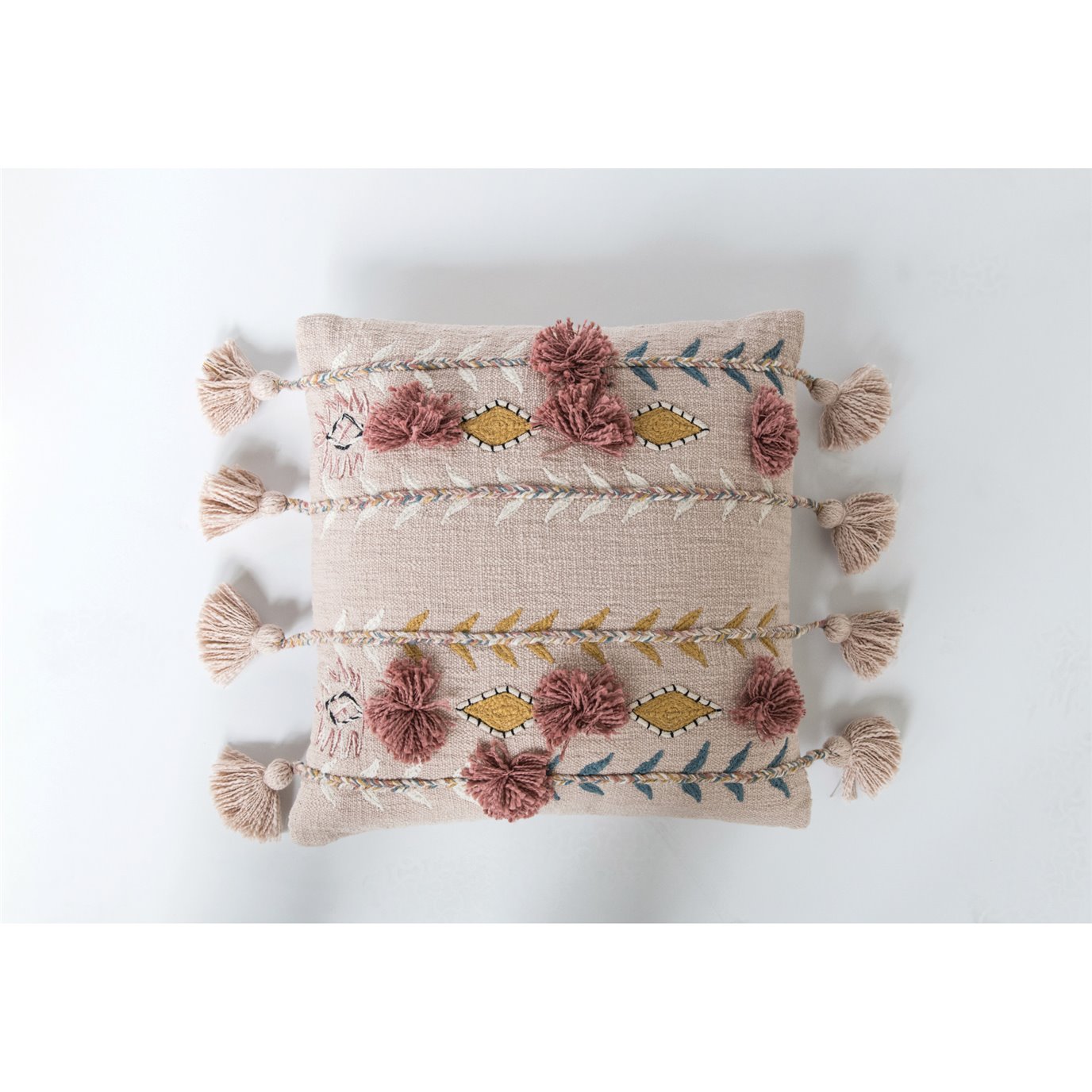 Embroidered & Appliqued Pink Cotton Pillow with Pom Poms & Tassels