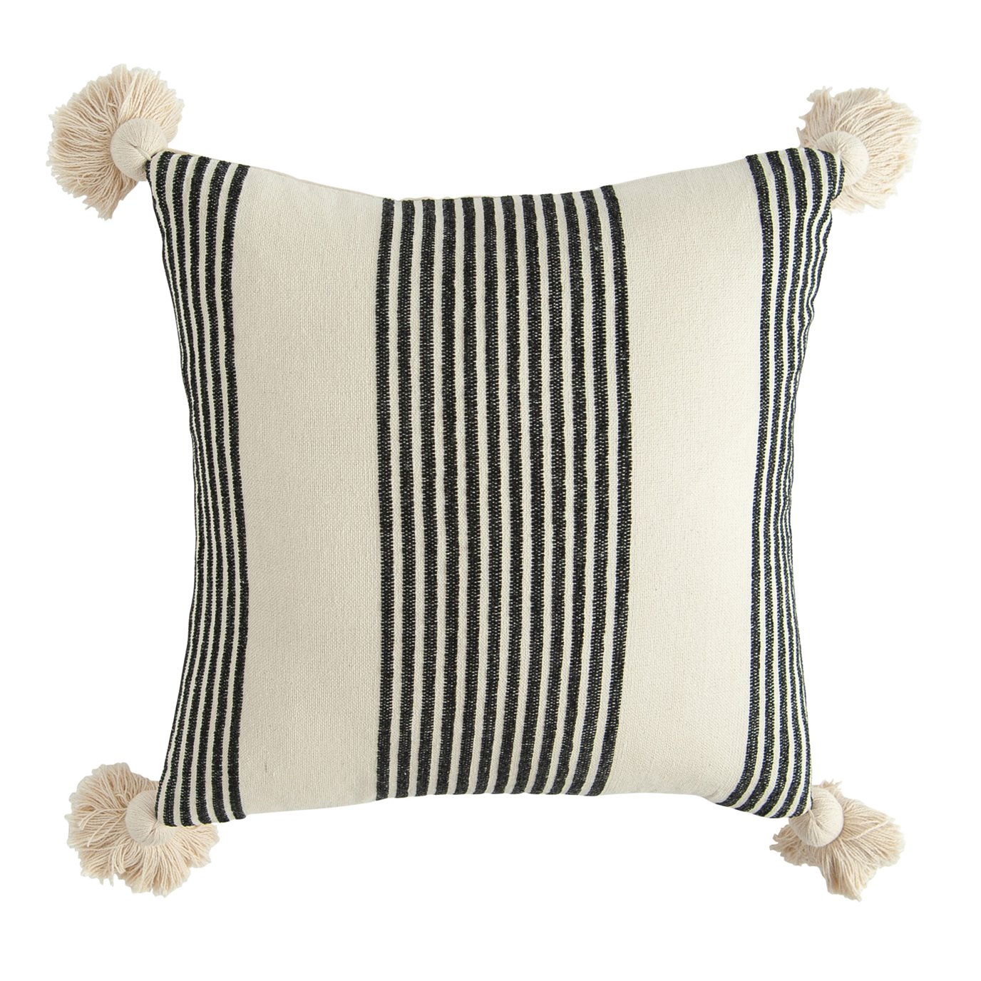 Cream Cotton & Chenille Pillow with Black Stripes & Tassels