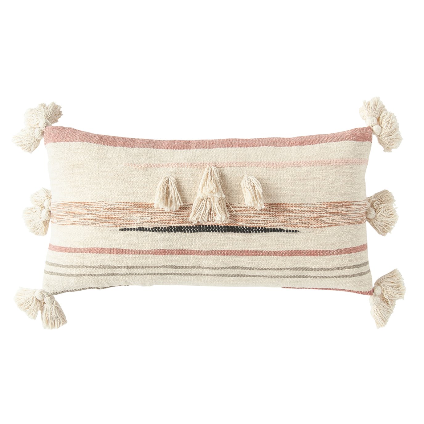 Cream Cotton Kilim Lumbar Pillow with Brown, Pink & Black Stripes & Tassels