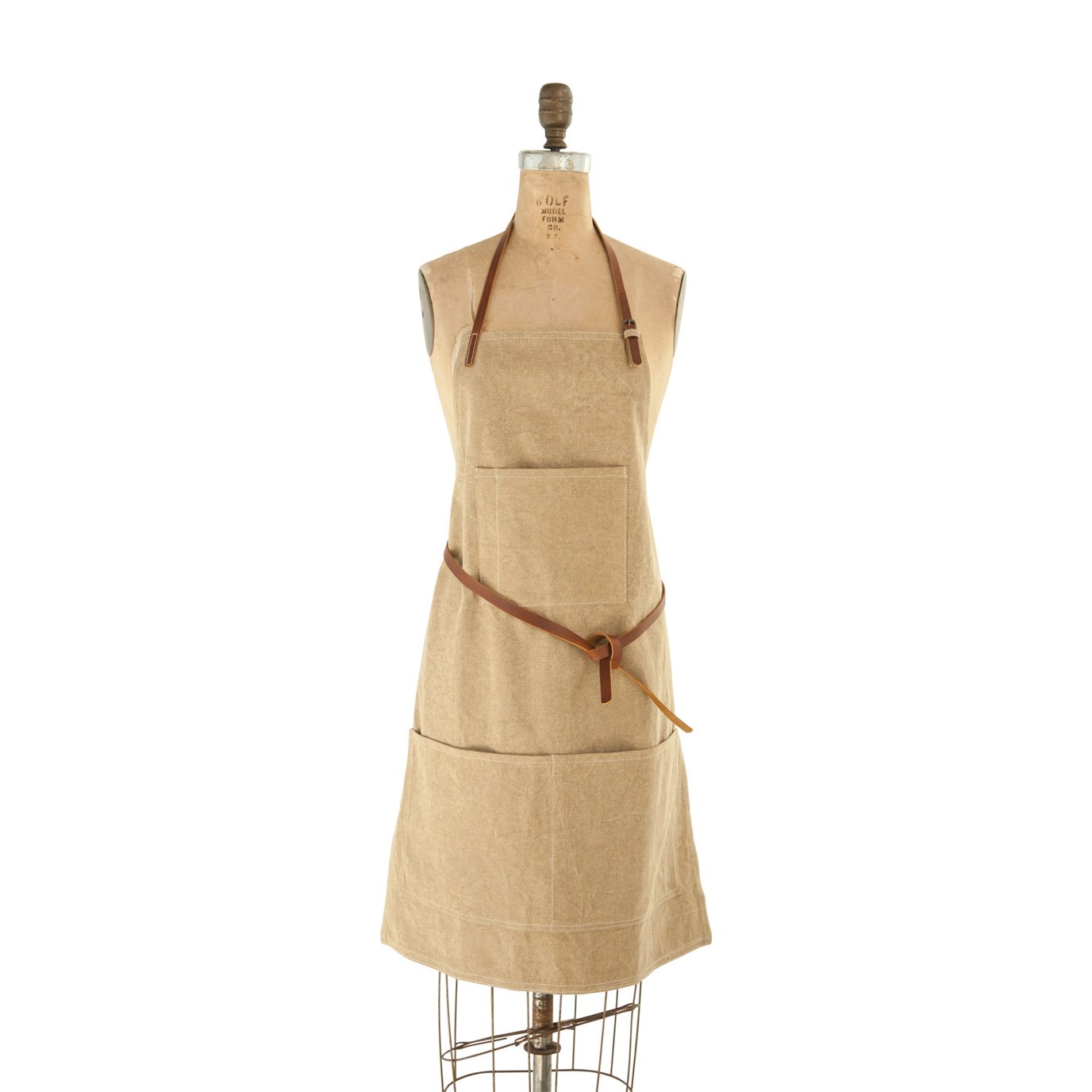 Khaki Cotton Canvas Apron with Pockets &  Leather Ties
