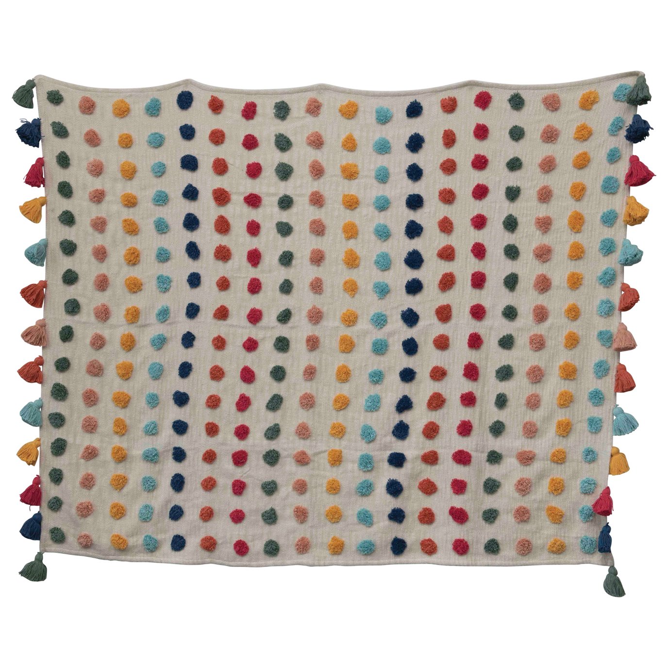 60"L x 50"W Woven Cotton Throw with Tufted Dots & Tassels