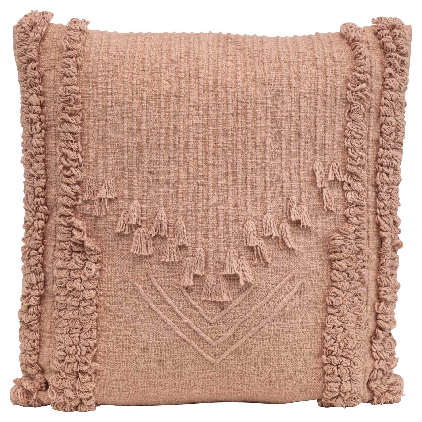 Square Cotton Embroidered Pillow with Looped Stripes & Decorative Front Tassels