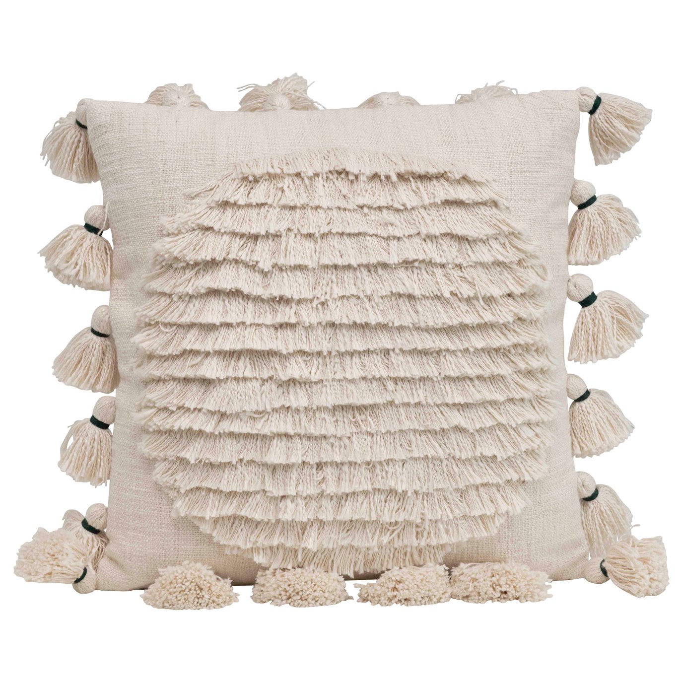 Square Cotton Embroidered Pillow with Fringed Circle Design and Tassel Trim
