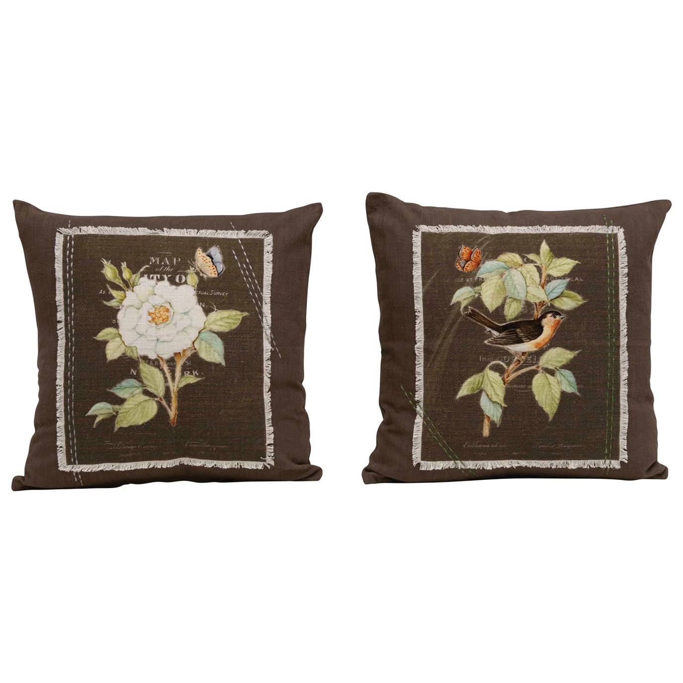 Square Floral Embroidered Cotton Pillow with Fringe Accent (Set of 2 Patterns)