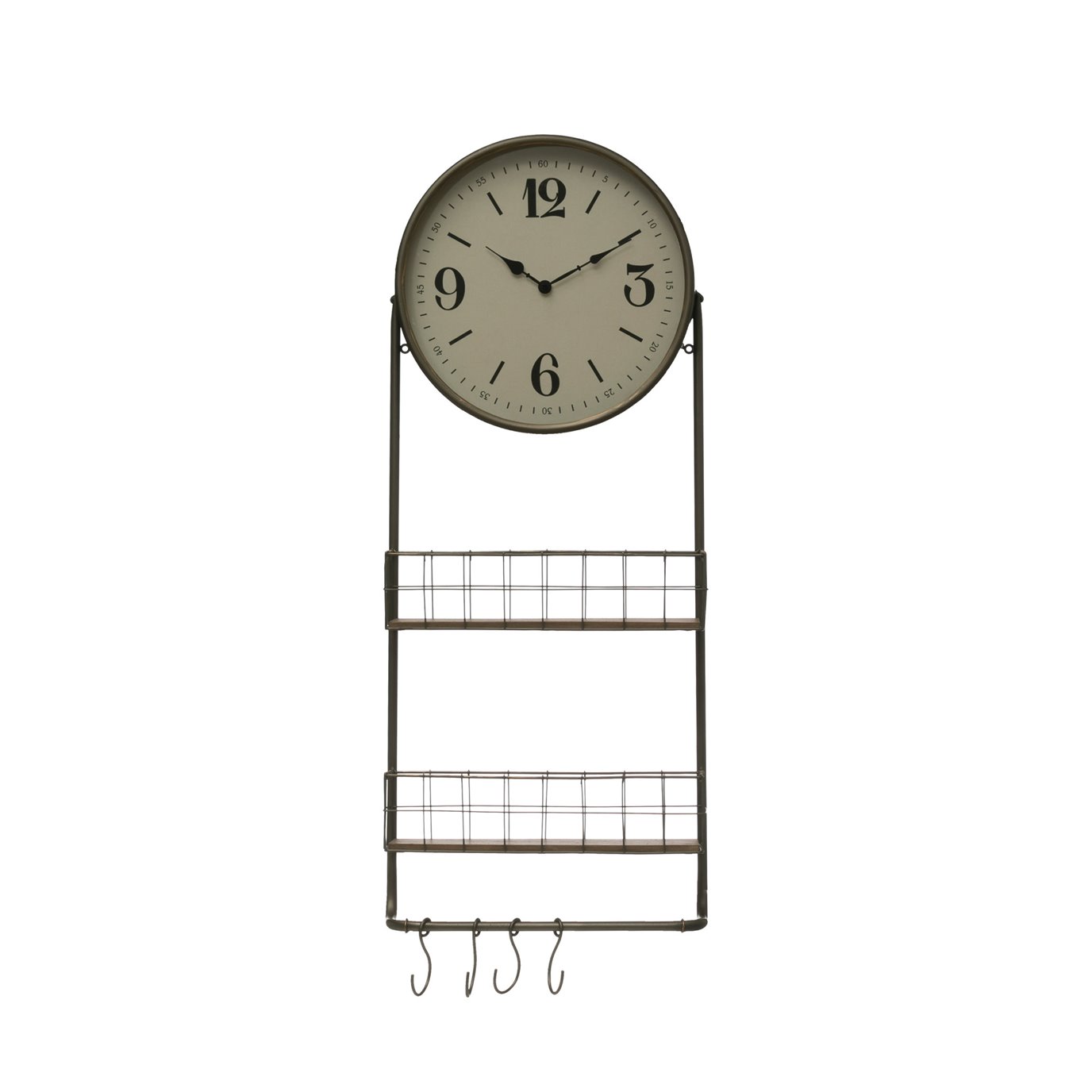 Round Metal & Wood Wall Clock with 2 Storage Baskets, Rod & 4 Hooks