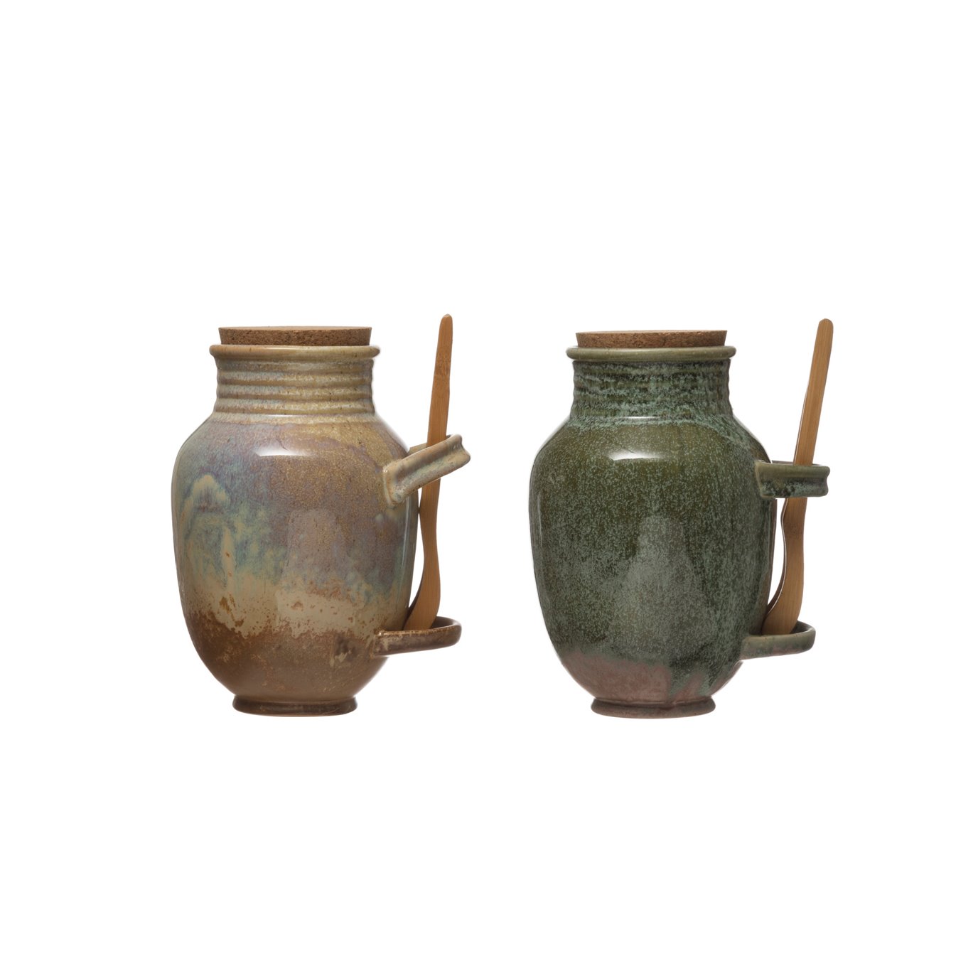 Vintage Reproduction Stoneware Olive Jar with Reactive Glaze Finish, Cork Lid & Wood Tongs (Set of 2 Colors/Each one will vary)