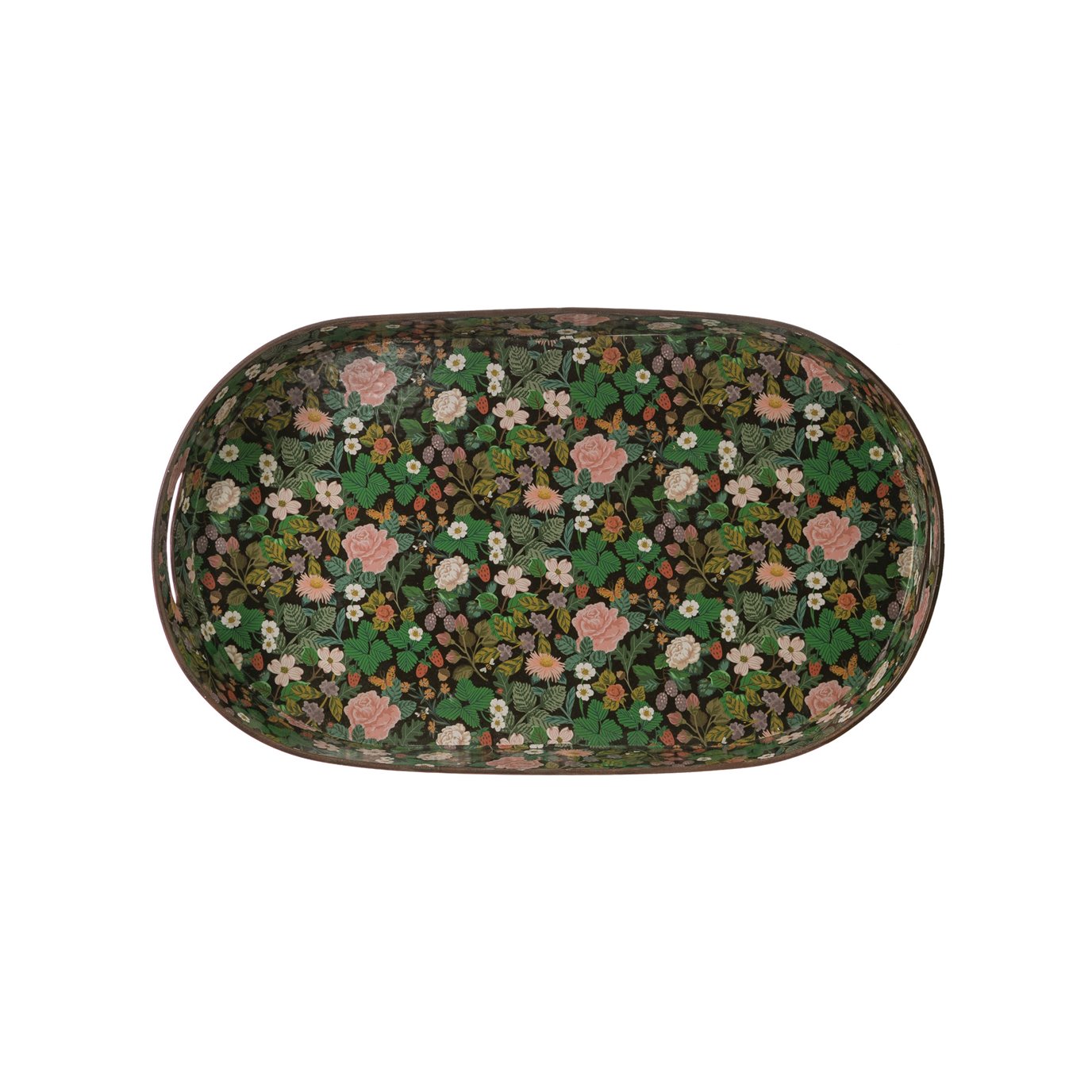 Decorative Metal Oval Tray with Floral Design & Cut-out Handles