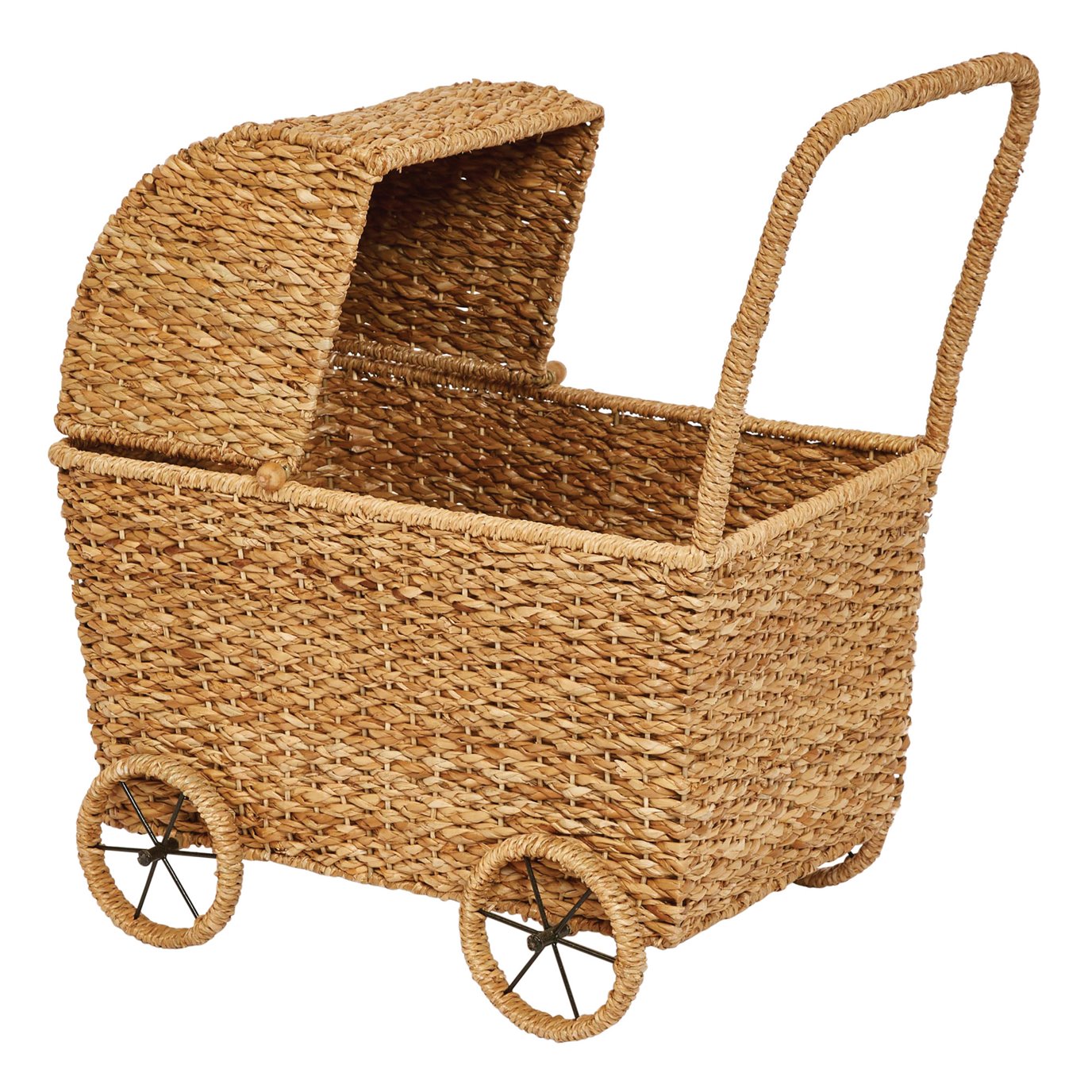Handwoven Seagrass Doll Bassinet Stroller with Detachable Hood