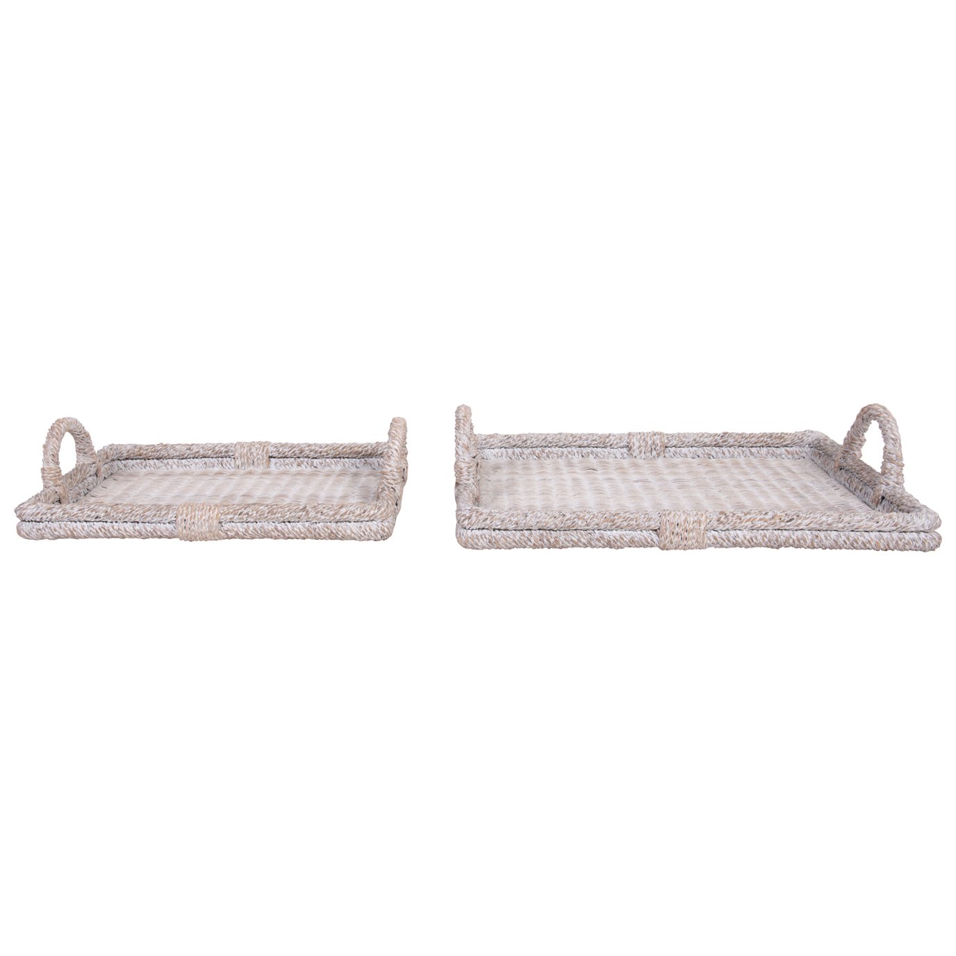 Decorative Rattan Trays with Handles & Whitewashed Finish (Set of 2 Sizes)