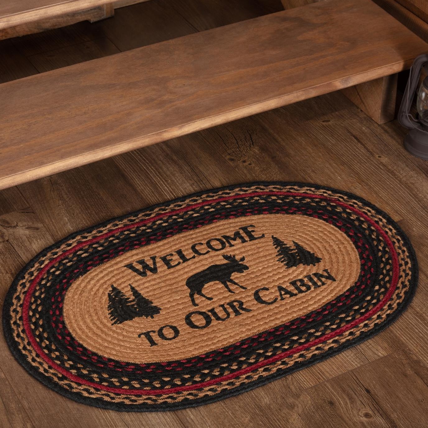 Cumberland Stenciled Moose Jute Rug Oval Welcome to the Cabin w/ Pad 20x30