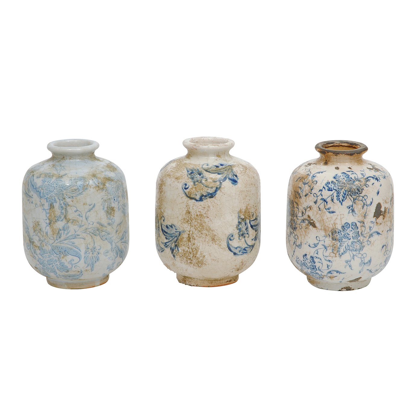 Blue & White Decorative Terracotta Vases with Heavy Distressing (Set of 3 Designs)