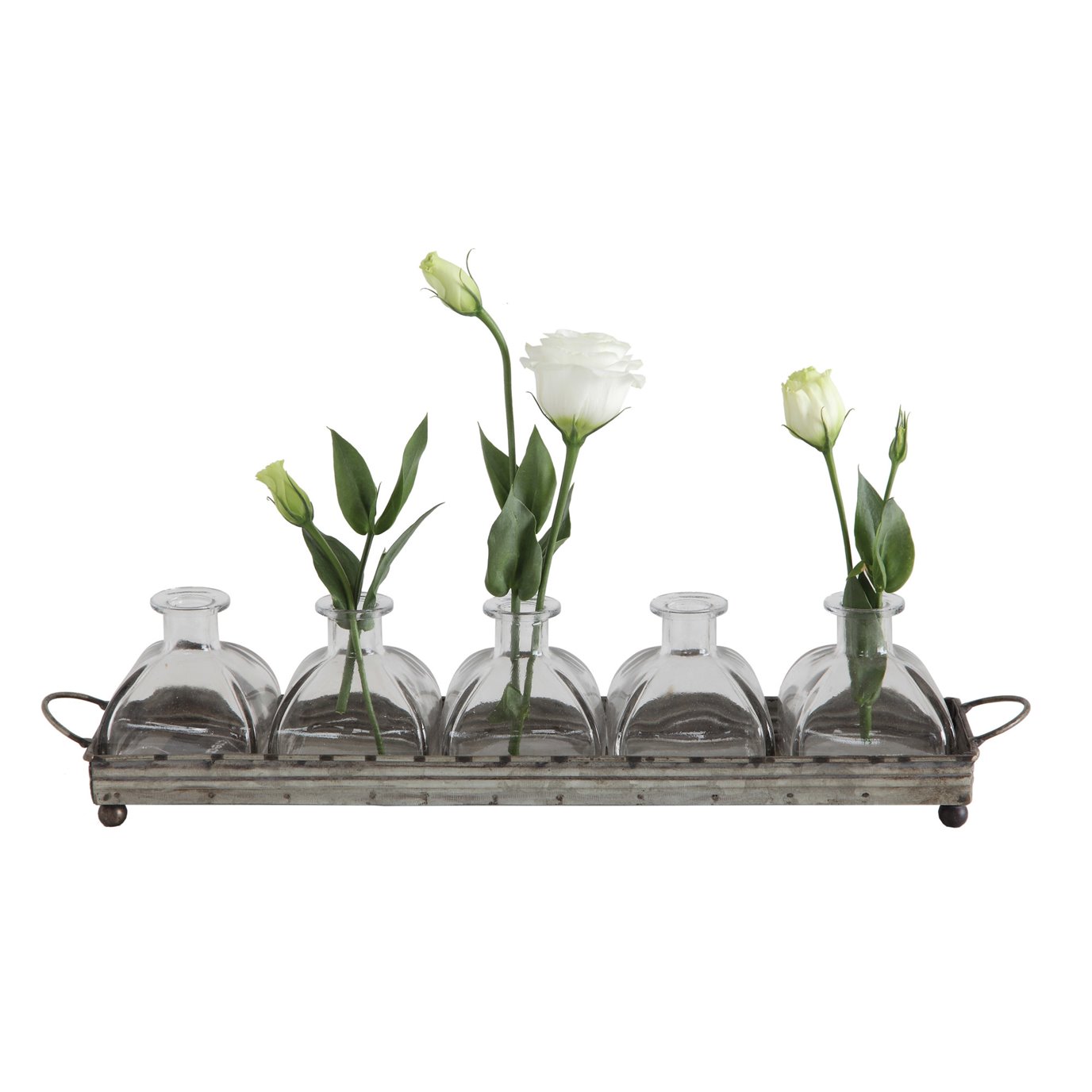 Decorative Iron Rectangle Tray with Handles & 5 Glass Vases (Set of 6 Pieces)