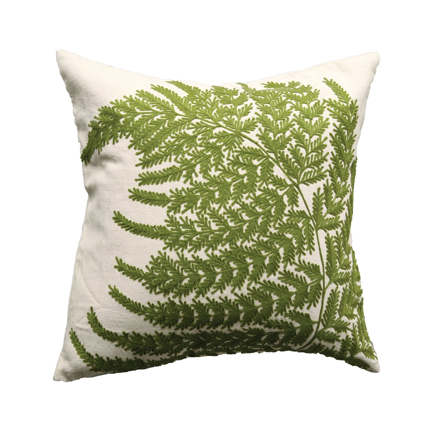 White Square Cotton Pillow with Embroidered Green Ferns