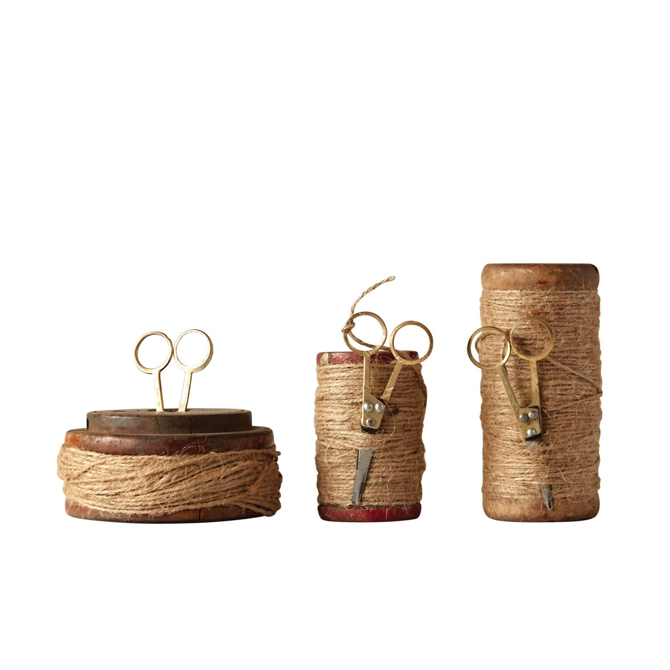 Found Decorative Wooden Spools with Jute & Scissors (Set of 3 Styles)