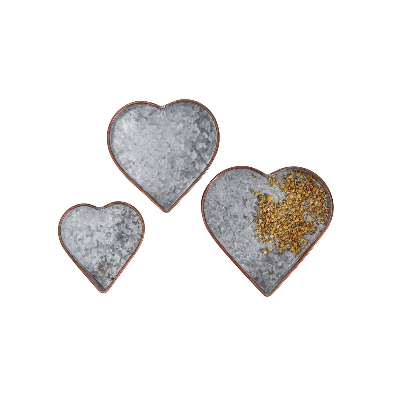 Heart Shaped Galvanized Metal Tray with Copper Rim (Set of 3 Sizes)