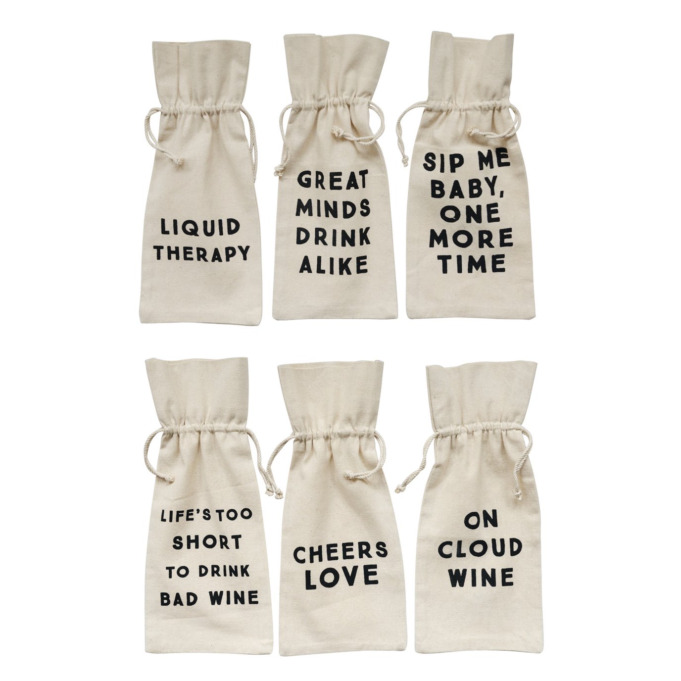 Cotton Wine Bag with Saying (Set of 6 Designs/Sayings)