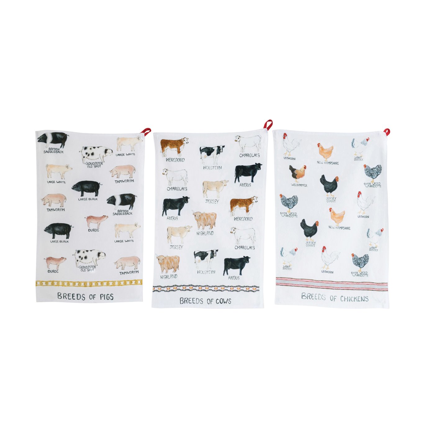 Cotton Tea Towel with Farm Animal Image (Set of 3 Animal Designs)