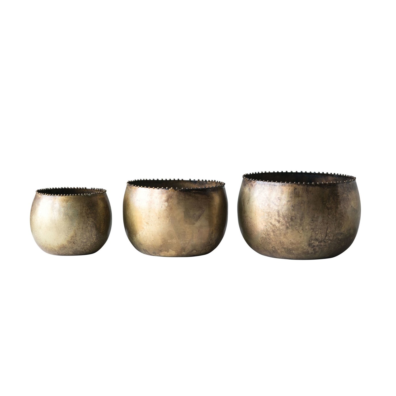 Heavily Distressed Antique Brass Pots with Rim Beading (Set of 3 Sizes)