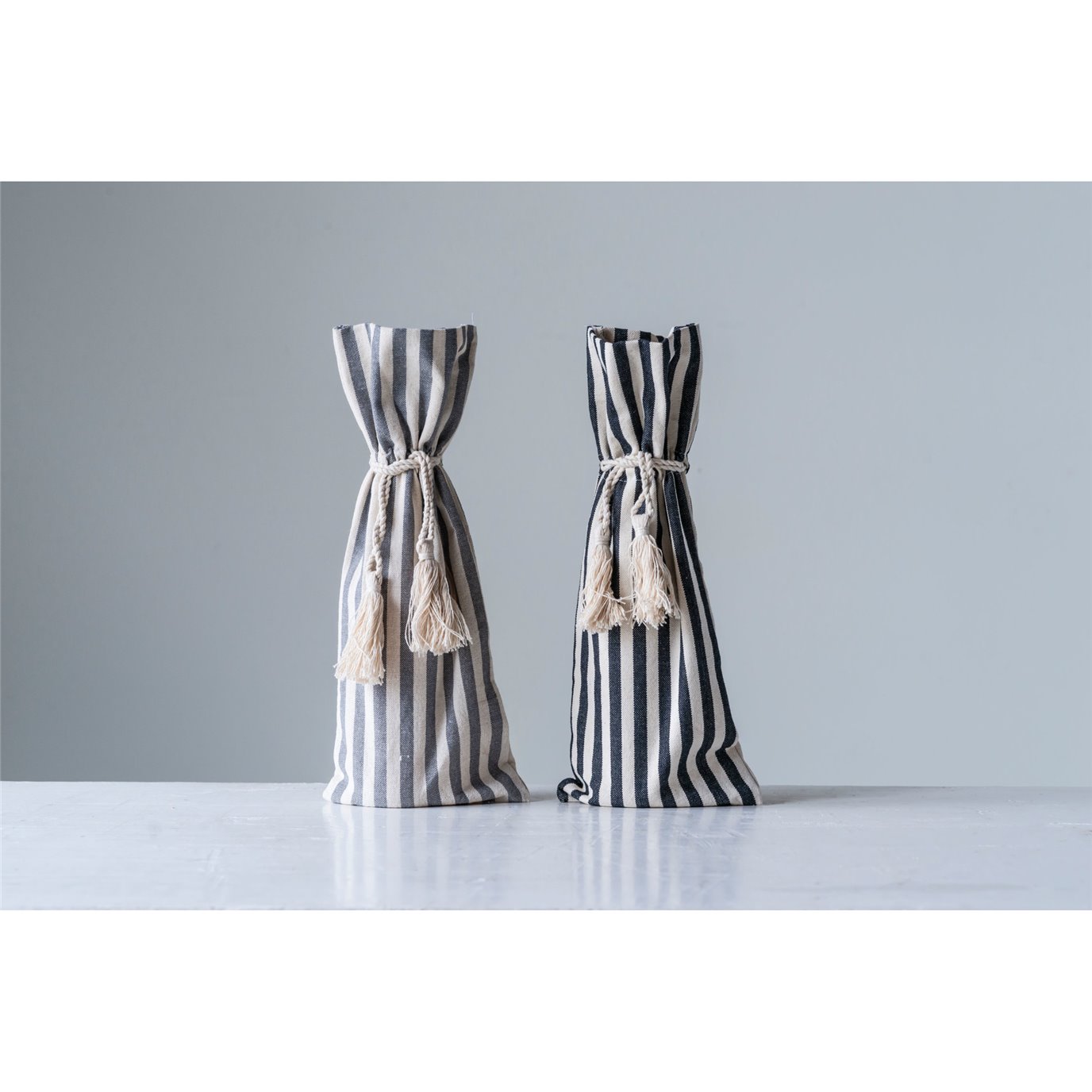 Grey Cotton Striped Wine Bag with Tassels (Set of 2 Colors)